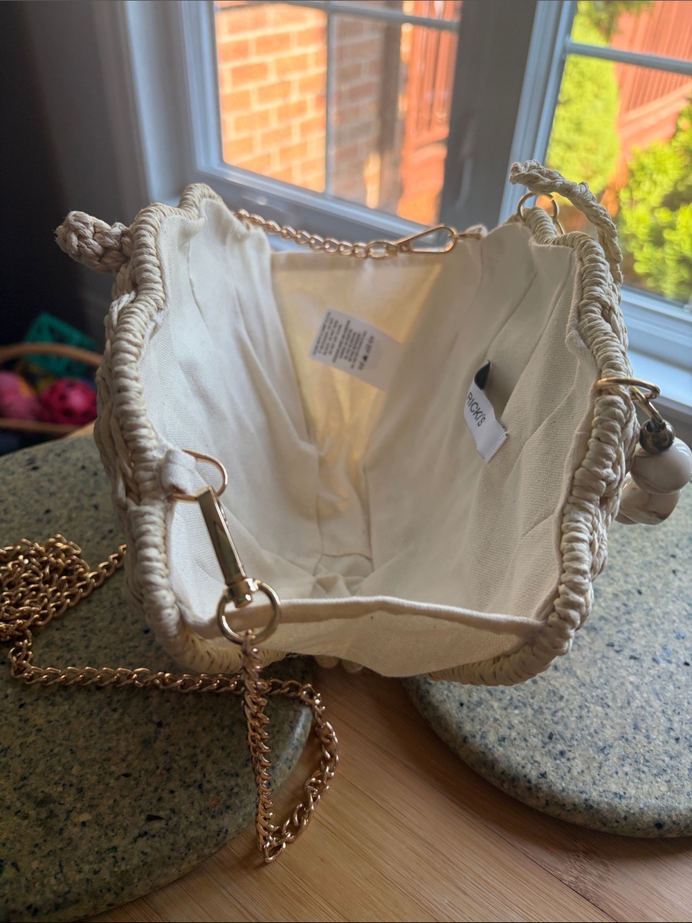 Woven Wicker Shell Crossbody Bag in Natural with Gold Chain - Picture 8 of 8